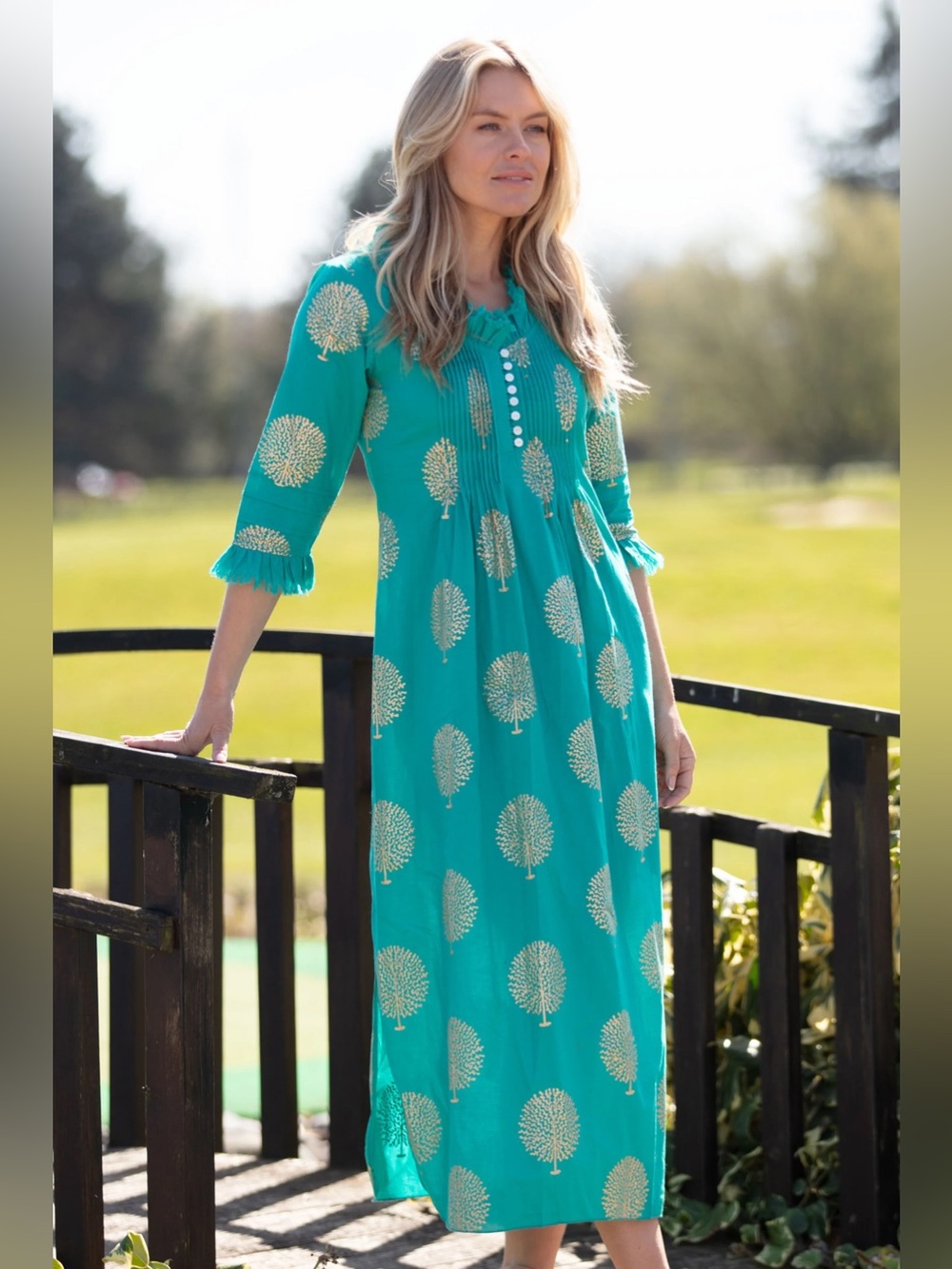 At Last Annabel Cotton Maxi Dress Teal Gold Block Print Size 14